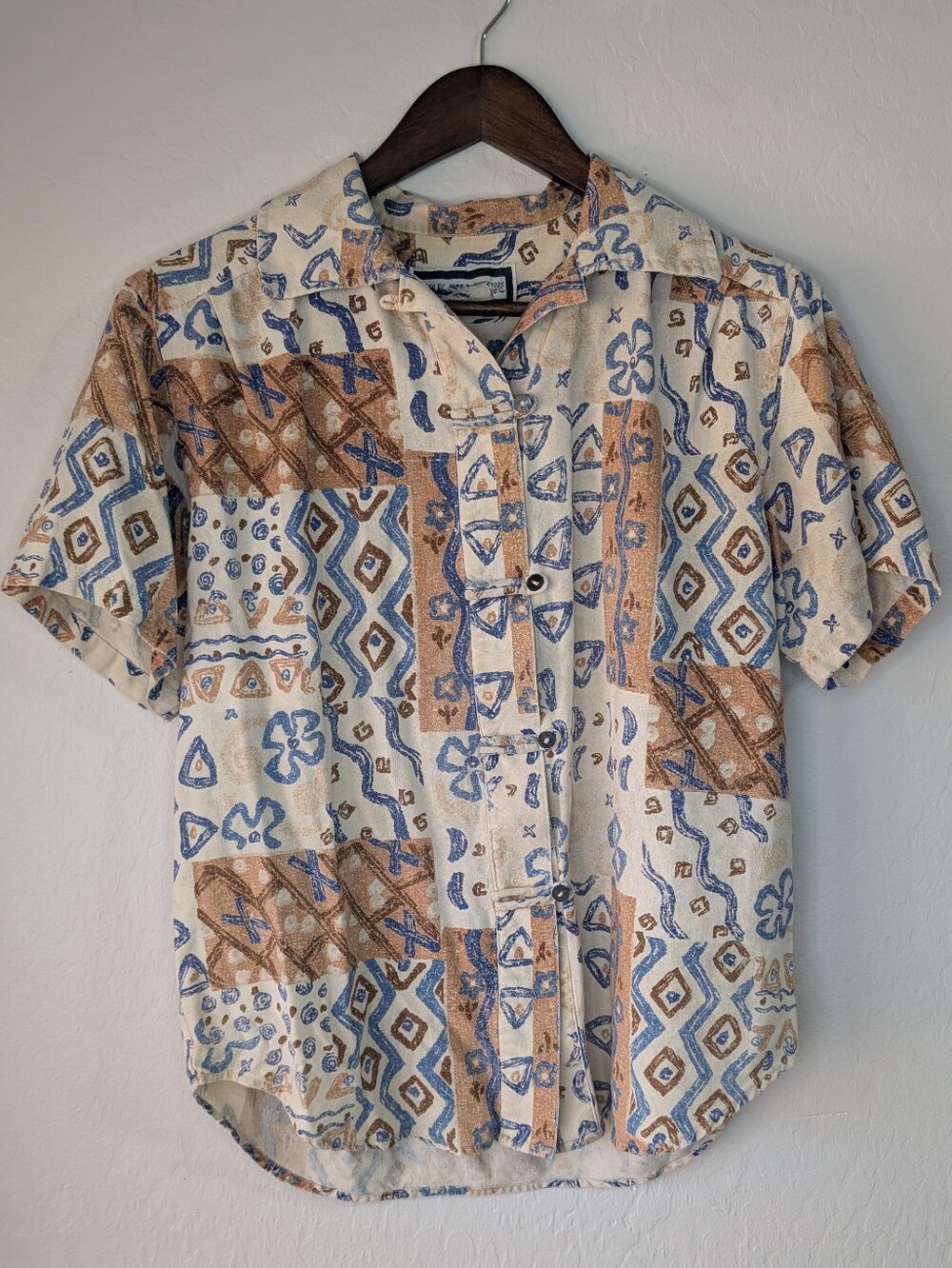 Vintage 90s Silk Exchange Geometric Frog Closure Blouse | Boho Earthy M